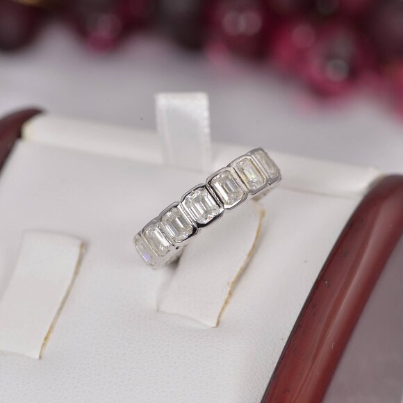 Certified Emerald Cut All Moissanite Full Eternity Ring 925 Sterling Silver - Picture 4 of 6